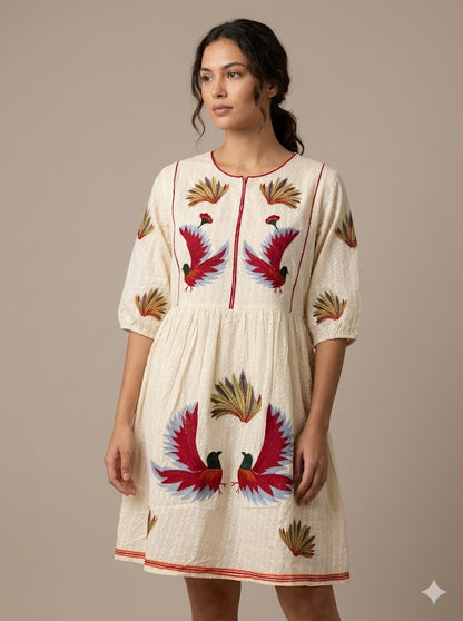 Cream Cotton Bird Embroidered Mini Dress