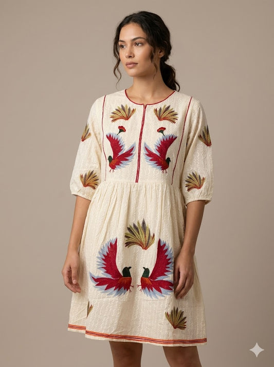 Cream Cotton Bird Embroidered Mini Dress