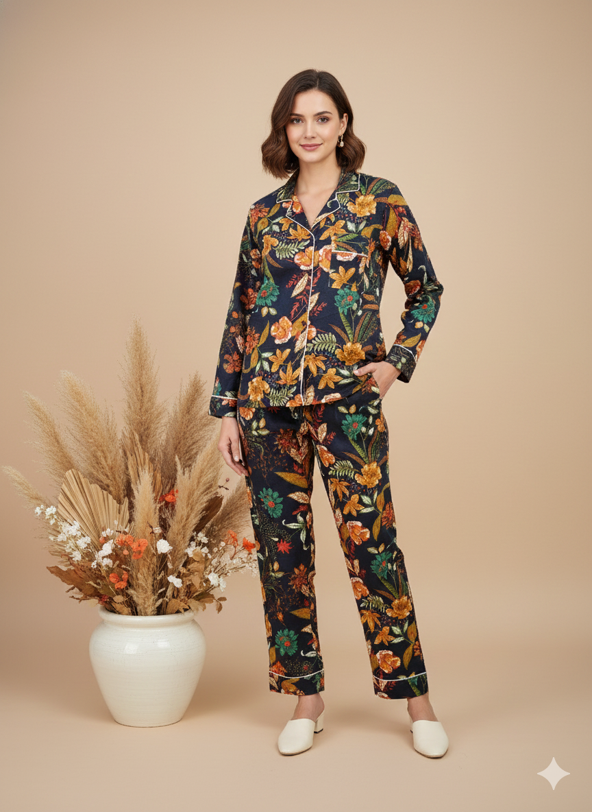 Luxury Hand-Block Print Pajama Set | 100% Organic Cotton Sleepwear for Women | Artisan-Made Boho Loungewear with Matching Gift Pouch