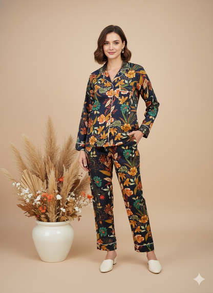 Luxury Hand-Block Print Pajama Set | 100% Organic Cotton Sleepwear for Women | Artisan-Made Boho Loungewear with Matching Gift Pouch