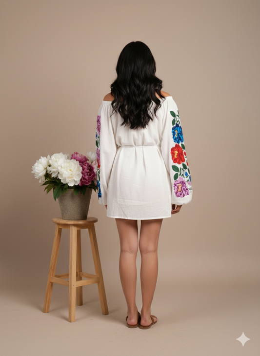 Pikaru Fashion Romantic Floral Embroidered Mini Dress | Elegant White Lace V-Neck Boho Dress | Valentine's Day Special Edition | Sustainable Cotton Victorian Style Dress for Women