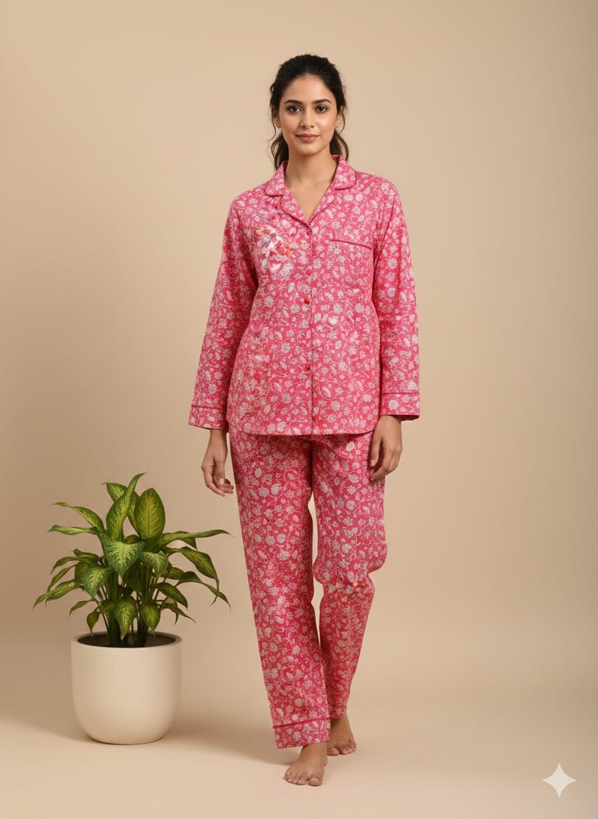 Women's Pink Floral 100% Cotton Pajama Set