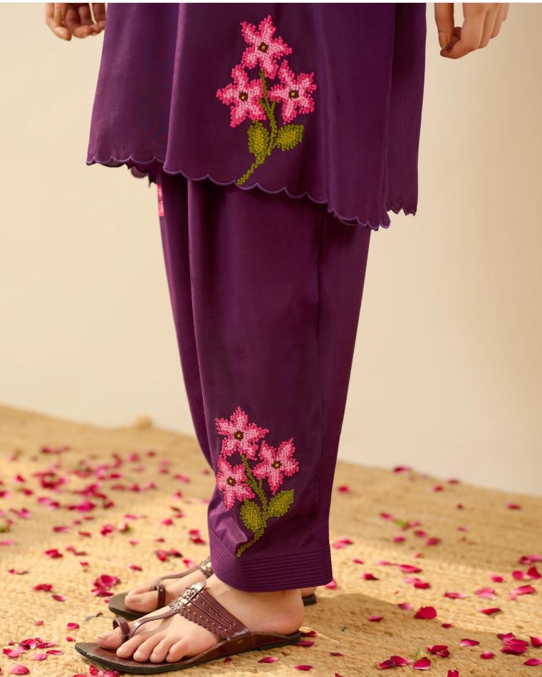Purple Floral Embroidered Cotton Co-Ord Set for Women | Handcrafted Indian Kurta & Salwar | Breathable Ethnic Wear