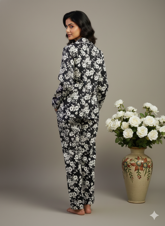 Luxury Black & White Hand-Block Print Pajama Set | 100% Organic Cotton Sleepwear | Women's Minimalist Boho Loungewear with Pouch
