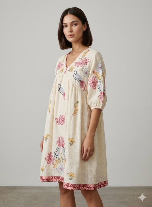 Cream Cotton Bird & Banana Embroidered Mini Dress