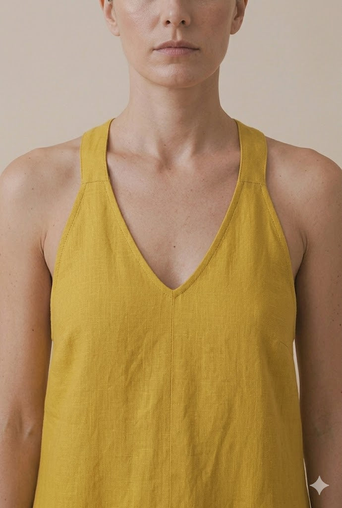 Mustard Yellow Linen Halter Neck Maxi Dress | V-Neck Sleeveless