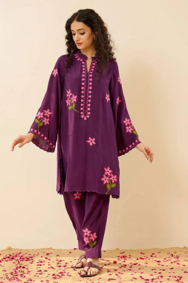 Purple Floral Embroidered Cotton Co-Ord Set for Women | Handcrafted Indian Kurta & Salwar | Breathable Ethnic Wear