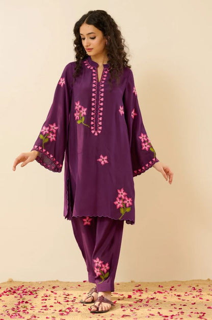 Purple Floral Embroidered Cotton Co-Ord Set for Women | Handcrafted Indian Kurta & Salwar | Breathable Ethnic Wear