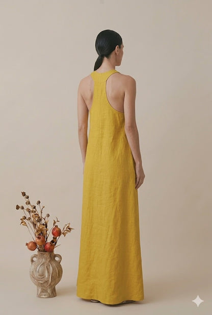 Mustard Yellow Linen Halter Neck Maxi Dress | V-Neck Sleeveless