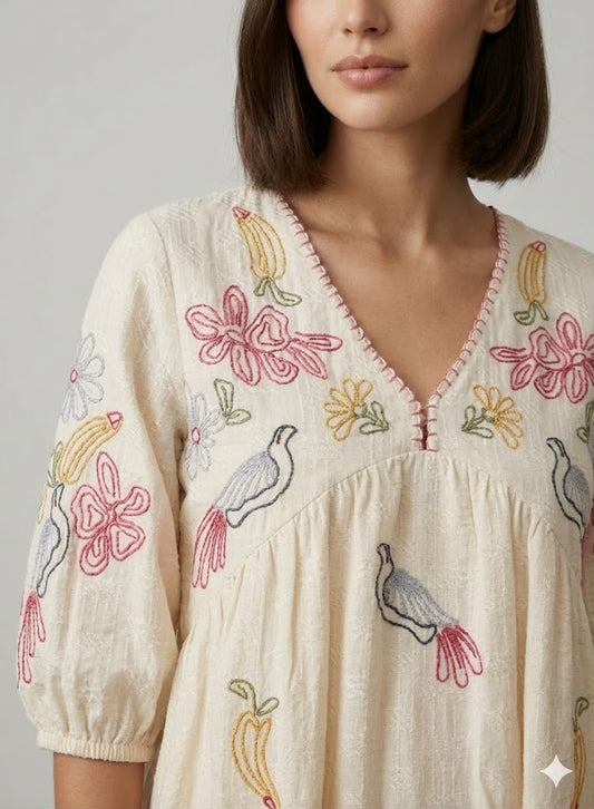 Cream Cotton Bird & Banana Embroidered Mini Dress