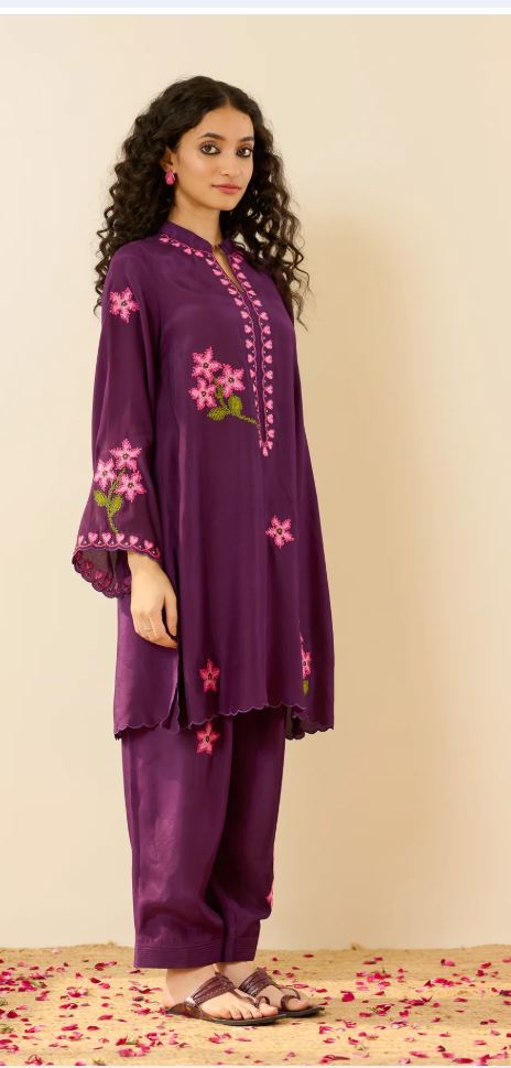 Purple Floral Embroidered Cotton Co-Ord Set for Women | Handcrafted Indian Kurta & Salwar | Breathable Ethnic Wear