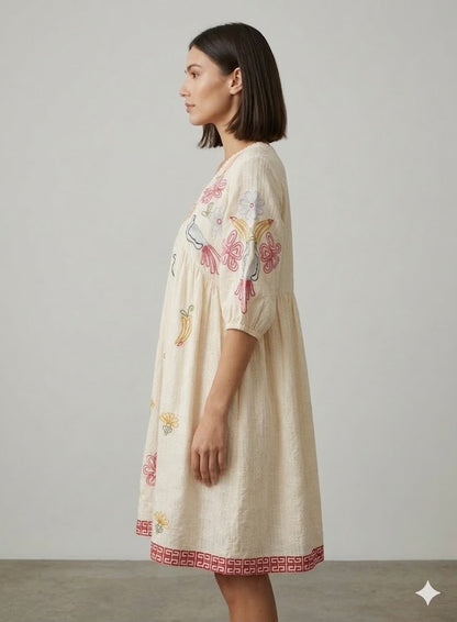 Cream Cotton Bird & Banana Embroidered Mini Dress