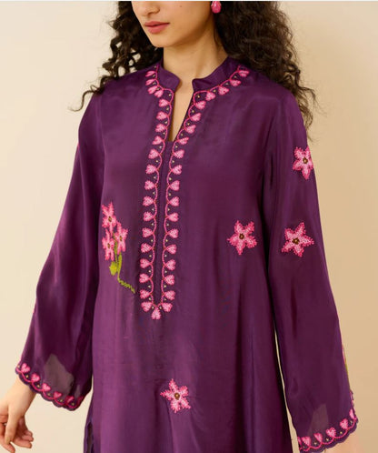 Purple Floral Embroidered Cotton Co-Ord Set for Women | Handcrafted Indian Kurta & Salwar | Breathable Ethnic Wear