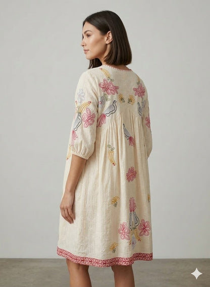 Cream Cotton Bird & Banana Embroidered Mini Dress