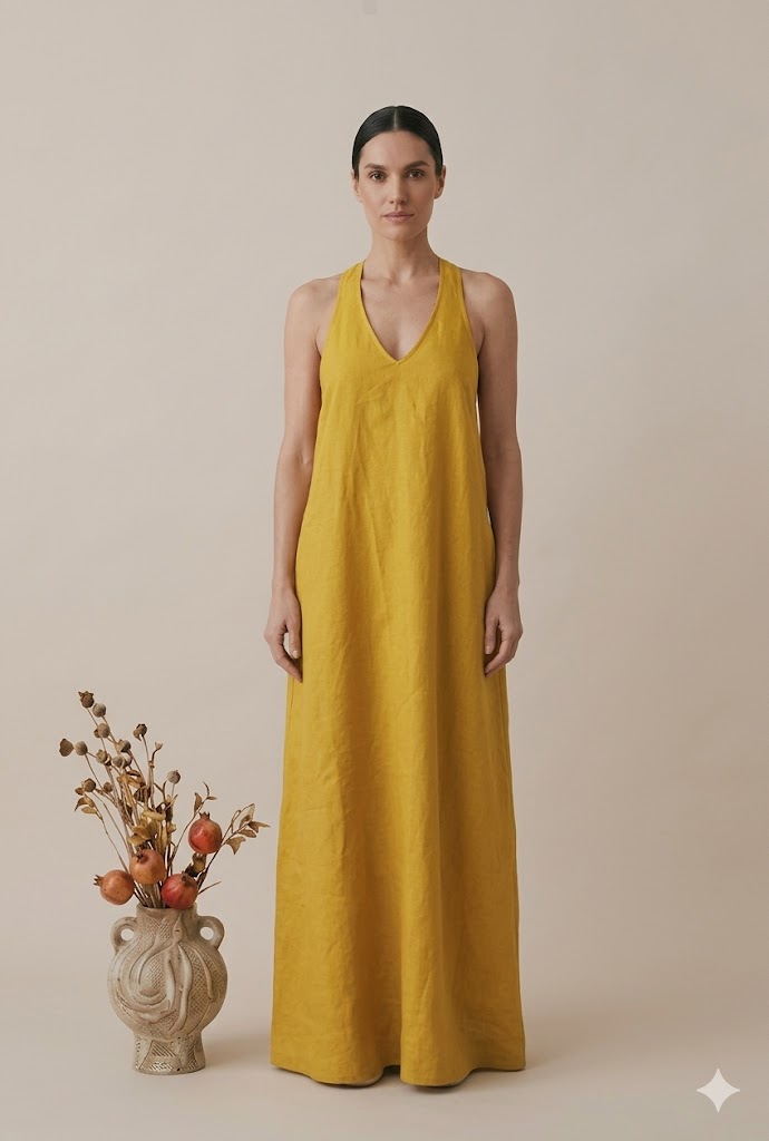 Mustard Yellow Linen Halter Neck Maxi Dress | V-Neck Sleeveless