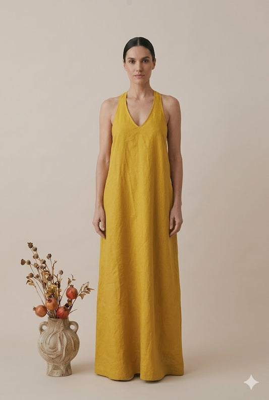Mustard Yellow Linen Halter Neck Maxi Dress | V-Neck Sleeveless