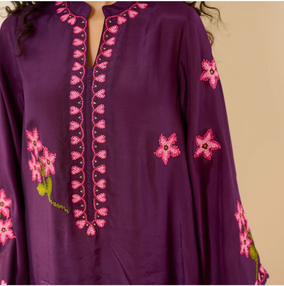 Purple Floral Embroidered Cotton Co-Ord Set for Women | Handcrafted Indian Kurta & Salwar | Breathable Ethnic Wear
