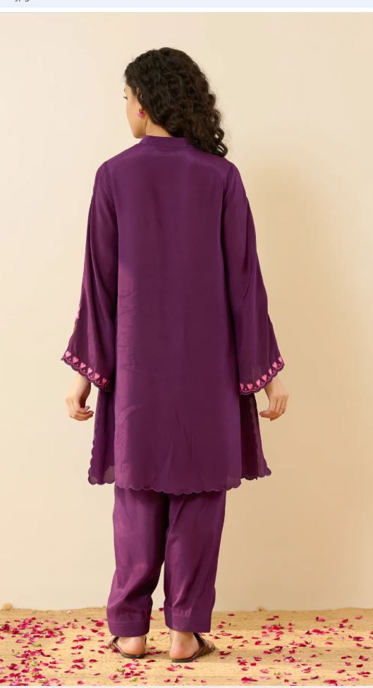Purple Floral Embroidered Cotton Co-Ord Set for Women | Handcrafted Indian Kurta & Salwar | Breathable Ethnic Wear