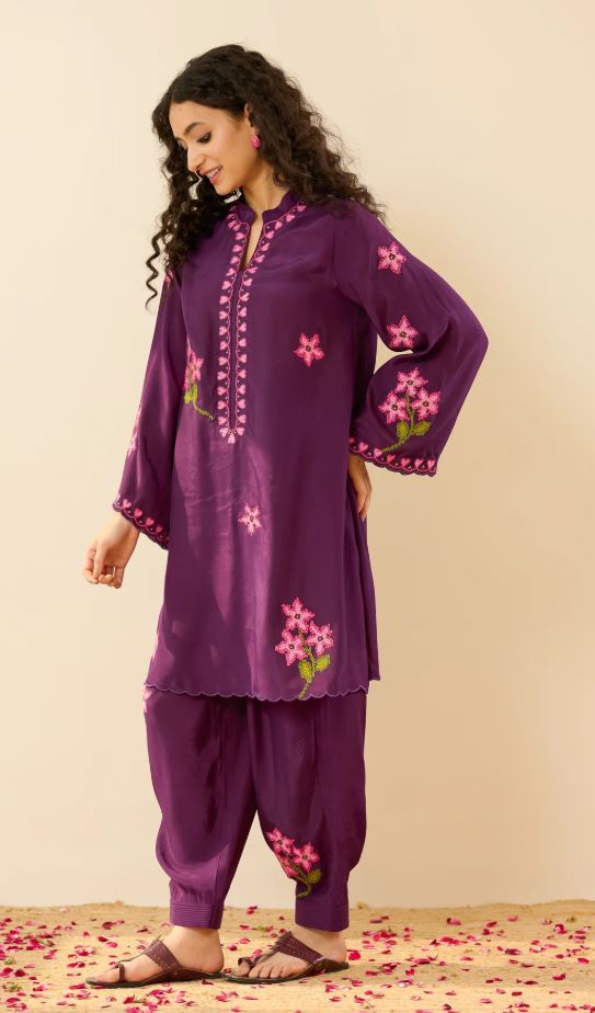 Purple Floral Embroidered Cotton Co-Ord Set for Women | Handcrafted Indian Kurta & Salwar | Breathable Ethnic Wear