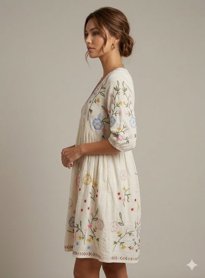 Cream Cotton Wildflower Embroidered Maxi Dress