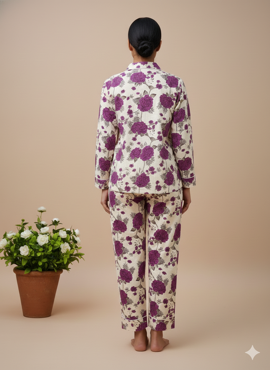 Luxury Indigo Floral Hand-Block Print Pajama Set | 100% Organic Cotton Sleepwear | Women's Artisan Loungewear with Matching Pouch