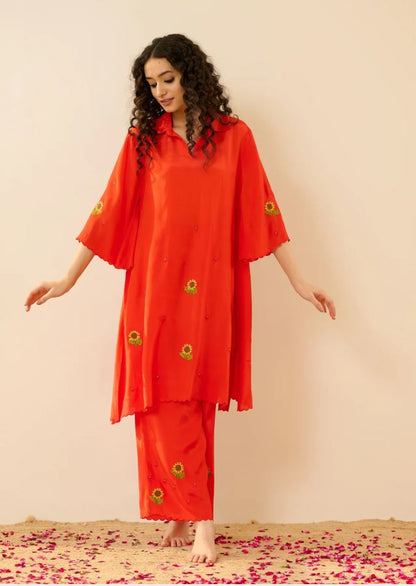 Vibrant Red Sunflower Embroidered Cotton Co-Ord Set for Women | Handcrafted Sunflower Kurta & Pants | Breathable Indian Ethnic Wear