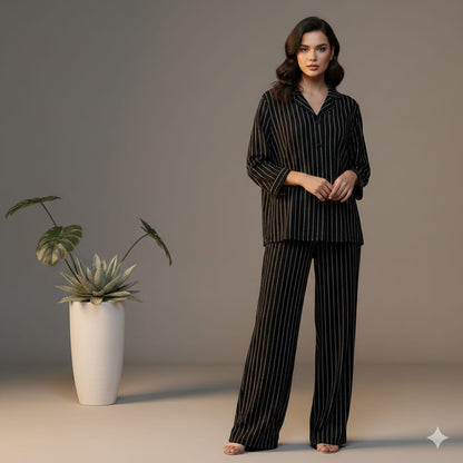 Women’s Black Striped Cotton Pajama Set – Elegant Button-Down Nightwear & Relaxed Fit Loungewear PJ Set