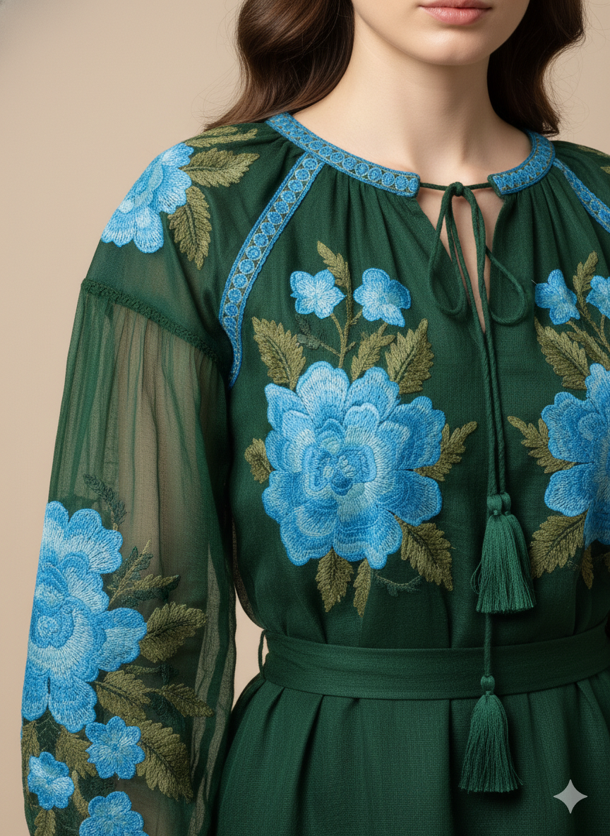 Pikaru Fashion Women’s Emerald Green Floral Embroidered Boho Mini Dress – Sheer Sleeve Vacation & Party Outfit