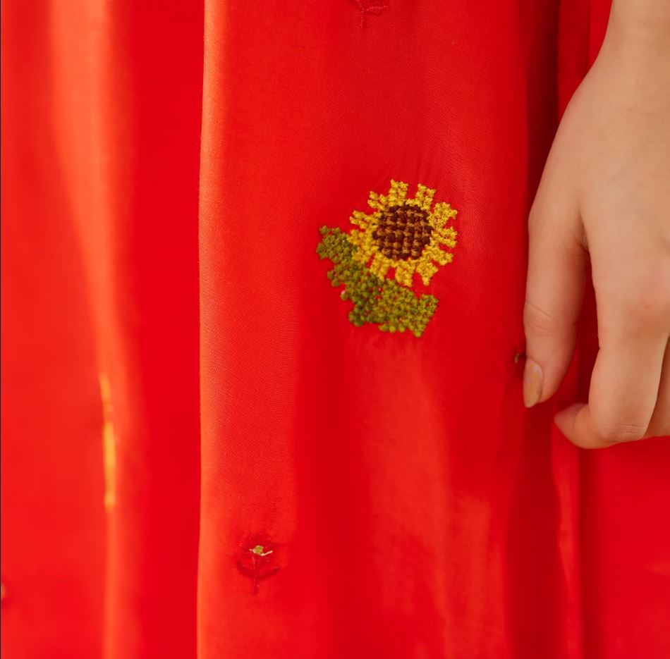 Vibrant Red Sunflower Embroidered Cotton Co-Ord Set for Women | Handcrafted Sunflower Kurta & Pants | Breathable Indian Ethnic Wear