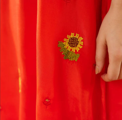 Vibrant Red Sunflower Embroidered Cotton Co-Ord Set for Women | Handcrafted Sunflower Kurta & Pants | Breathable Indian Ethnic Wear