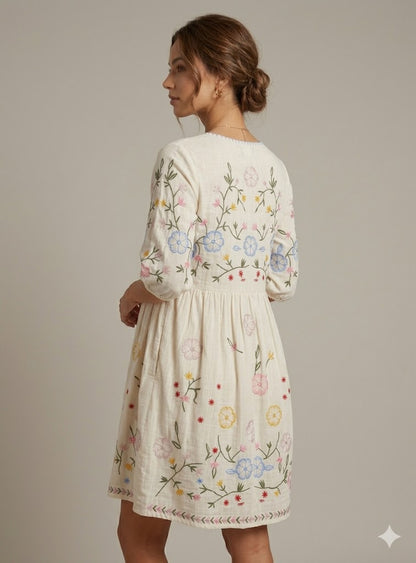 Cream Cotton Wildflower Embroidered Maxi Dress