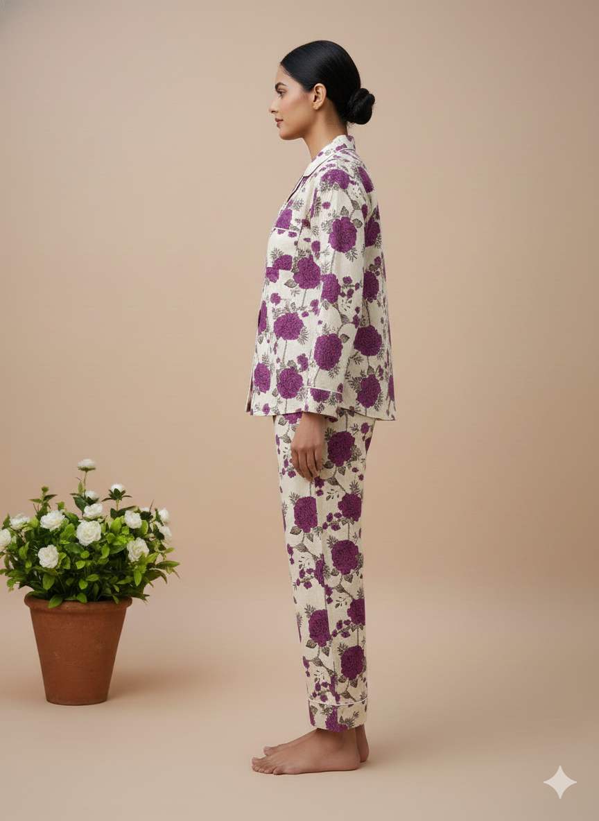 Luxury Indigo Floral Hand-Block Print Pajama Set | 100% Organic Cotton Sleepwear | Women's Artisan Loungewear with Matching Pouch