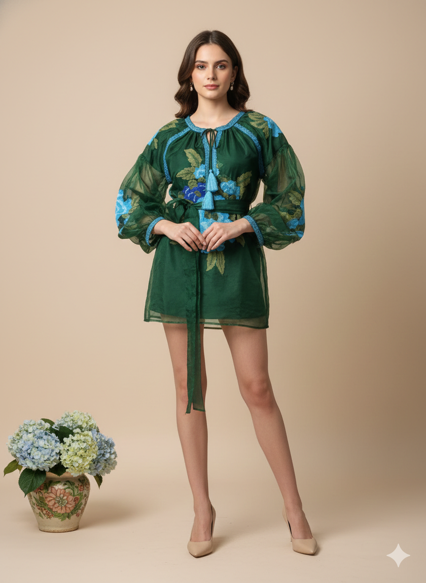 Pikaru Fashion Women’s Emerald Green Floral Embroidered Boho Mini Dress – Sheer Sleeve Vacation & Party Outfit