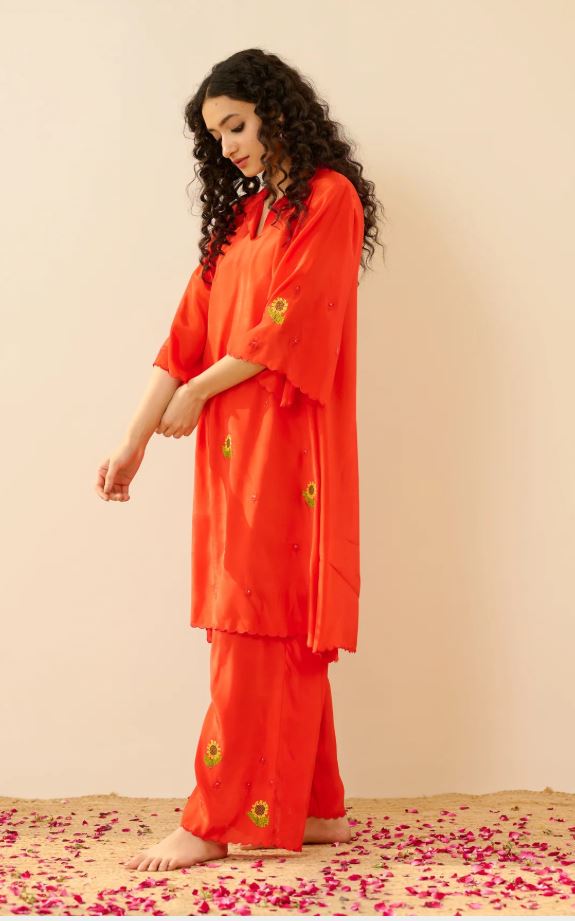 Vibrant Red Sunflower Embroidered Cotton Co-Ord Set for Women | Handcrafted Sunflower Kurta & Pants | Breathable Indian Ethnic Wear