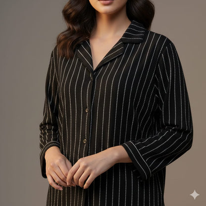 Women’s Black Striped Cotton Pajama Set – Elegant Button-Down Nightwear & Relaxed Fit Loungewear PJ Set