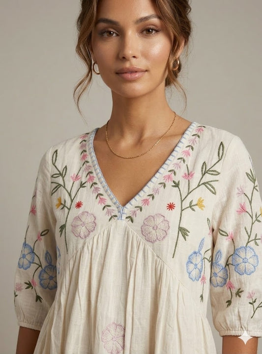 Cream Cotton Wildflower Embroidered Maxi Dress