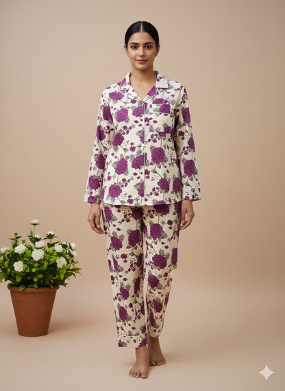 Luxury Indigo Floral Hand-Block Print Pajama Set | 100% Organic Cotton Sleepwear | Women's Artisan Loungewear with Matching Pouch