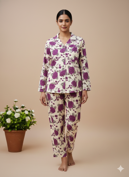 Luxury Indigo Floral Hand-Block Print Pajama Set | 100% Organic Cotton Sleepwear | Women's Artisan Loungewear with Matching Pouch