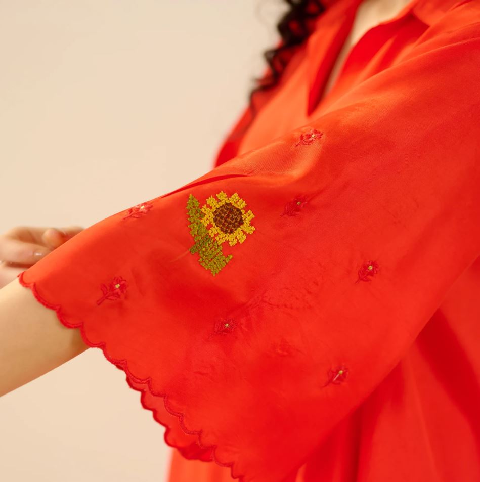 Vibrant Red Sunflower Embroidered Cotton Co-Ord Set for Women | Handcrafted Sunflower Kurta & Pants | Breathable Indian Ethnic Wear
