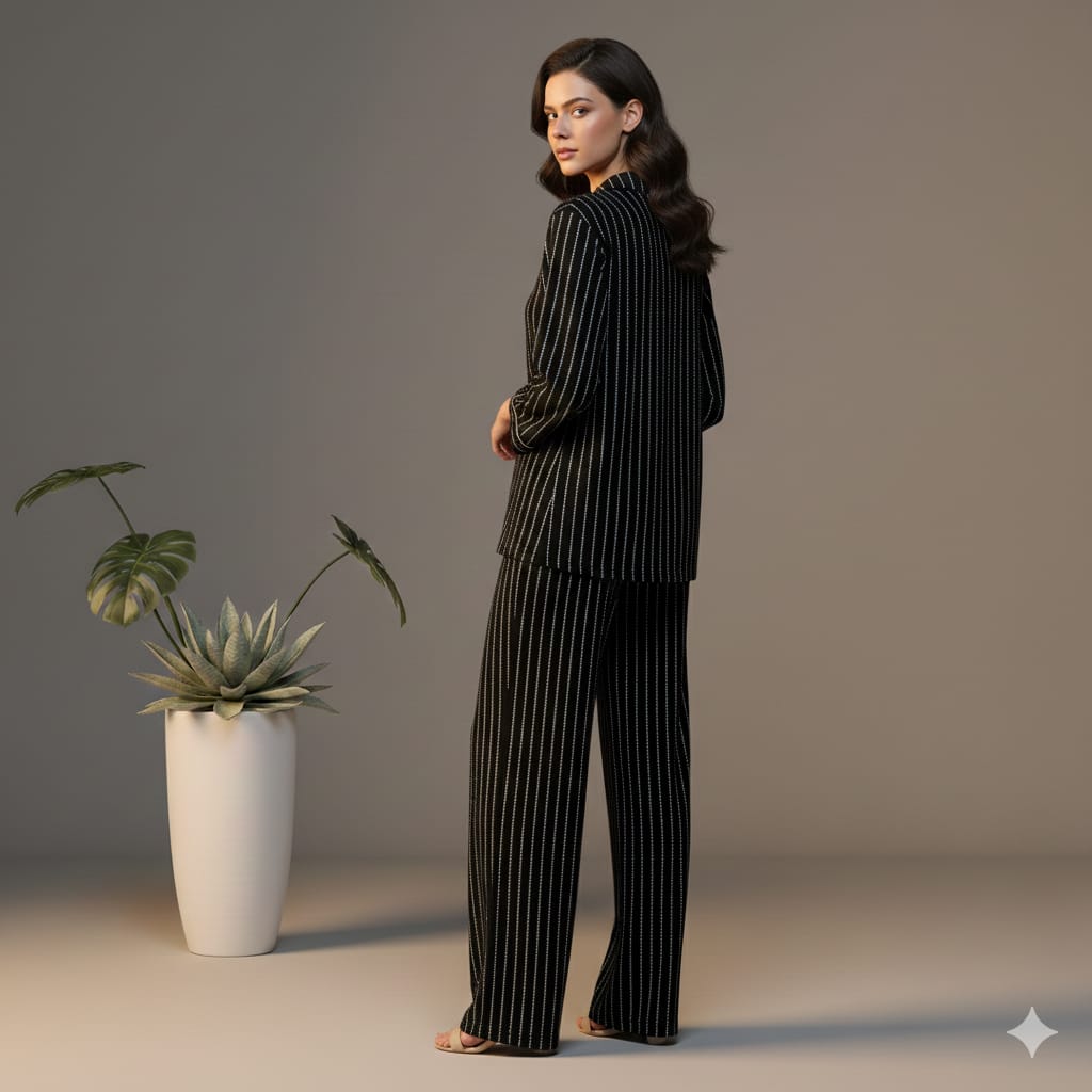 Women’s Black Striped Cotton Pajama Set – Elegant Button-Down Nightwear & Relaxed Fit Loungewear PJ Set