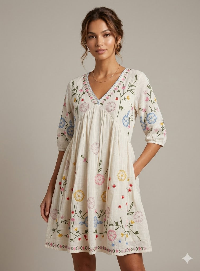 Cream Cotton Wildflower Embroidered Maxi Dress
