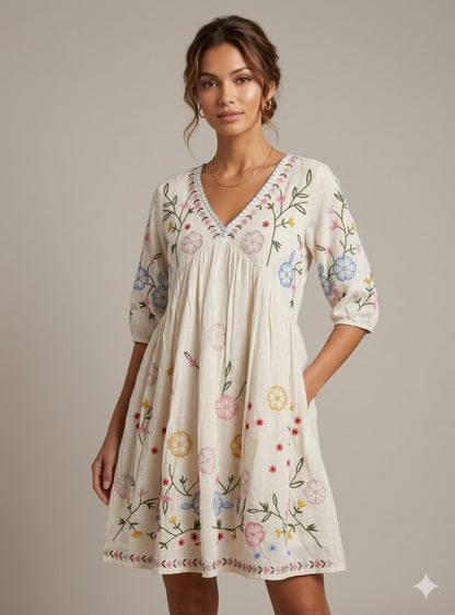 Cream Cotton Wildflower Embroidered Maxi Dress