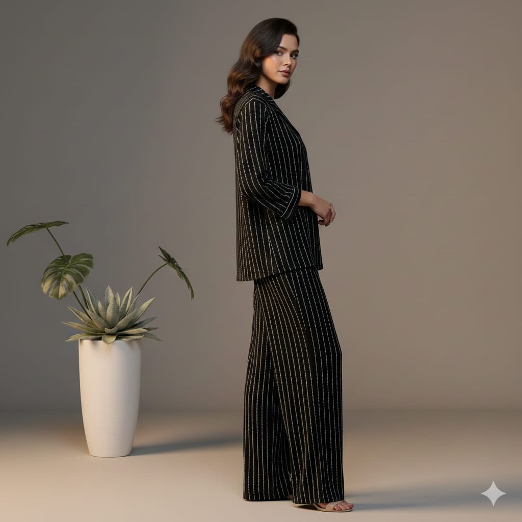 Women’s Black Striped Cotton Pajama Set – Elegant Button-Down Nightwear & Relaxed Fit Loungewear PJ Set