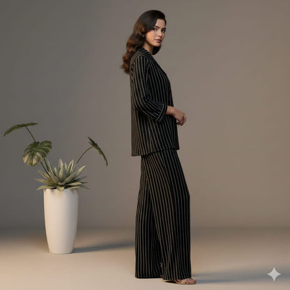 Women’s Black Striped Cotton Pajama Set – Elegant Button-Down Nightwear & Relaxed Fit Loungewear PJ Set