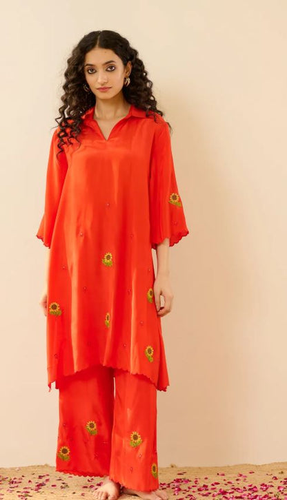Vibrant Red Sunflower Embroidered Cotton Co-Ord Set for Women | Handcrafted Sunflower Kurta & Pants | Breathable Indian Ethnic Wear