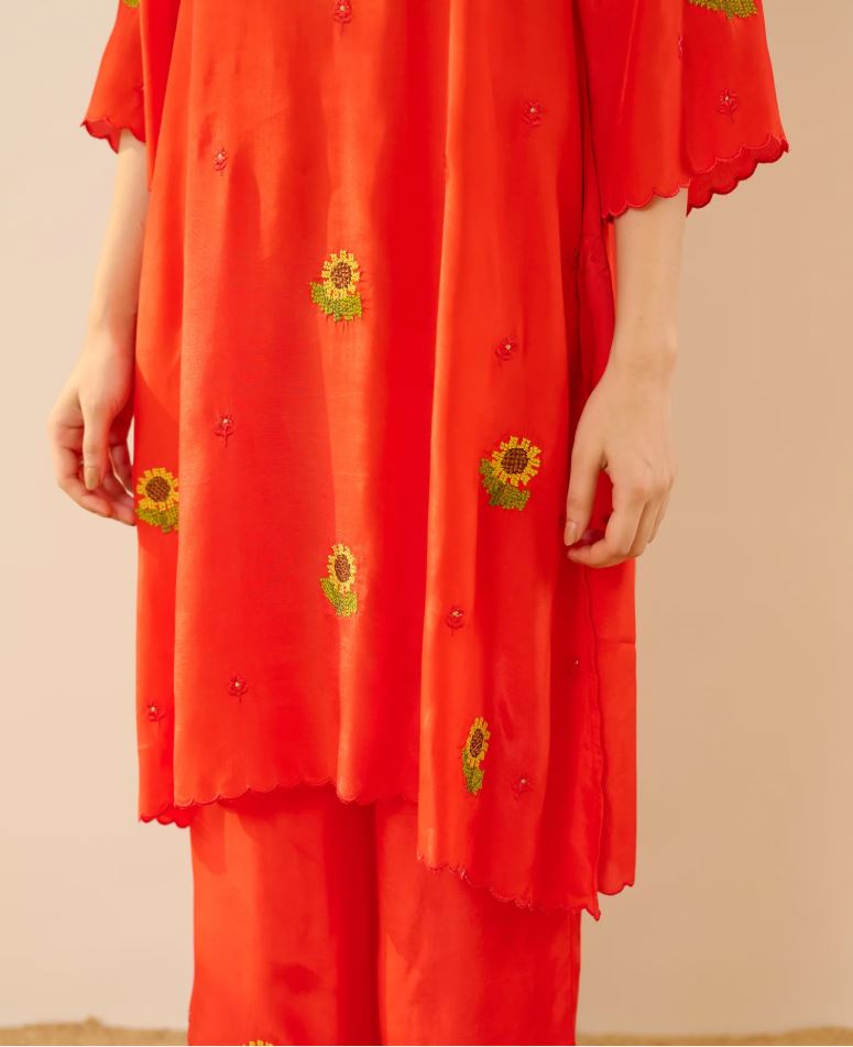 Vibrant Red Sunflower Embroidered Cotton Co-Ord Set for Women | Handcrafted Sunflower Kurta & Pants | Breathable Indian Ethnic Wear