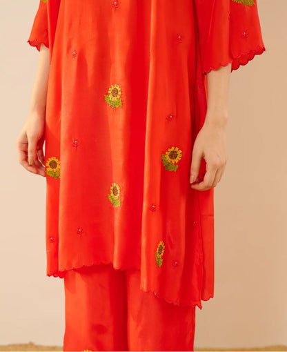 Vibrant Red Sunflower Embroidered Cotton Co-Ord Set for Women | Handcrafted Sunflower Kurta & Pants | Breathable Indian Ethnic Wear