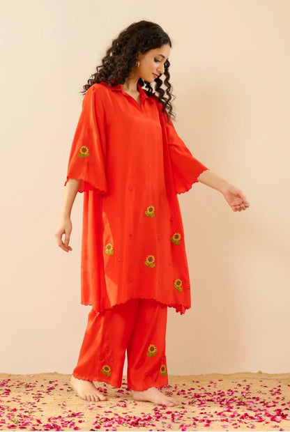 Vibrant Red Sunflower Embroidered Cotton Co-Ord Set for Women | Handcrafted Sunflower Kurta & Pants | Breathable Indian Ethnic Wear