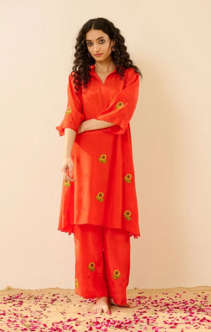 Vibrant Red Sunflower Embroidered Cotton Co-Ord Set for Women | Handcrafted Sunflower Kurta & Pants | Breathable Indian Ethnic Wear