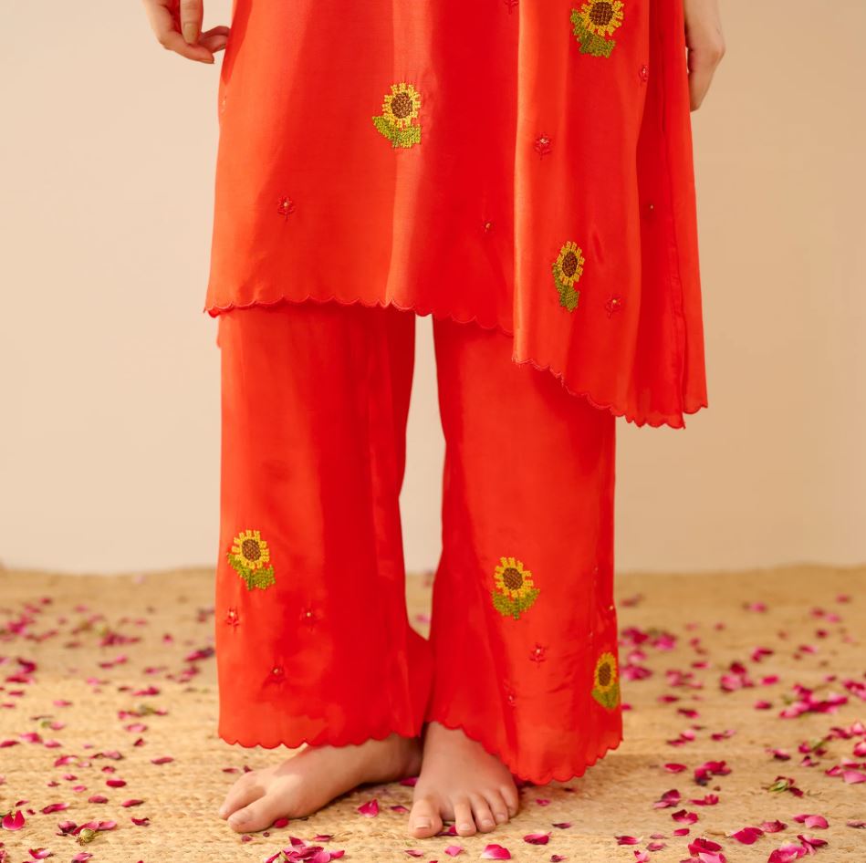 Vibrant Red Sunflower Embroidered Cotton Co-Ord Set for Women | Handcrafted Sunflower Kurta & Pants | Breathable Indian Ethnic Wear
